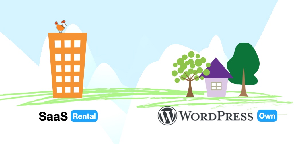 drawing of an apartment building representing SaaS and a house representing WordPress