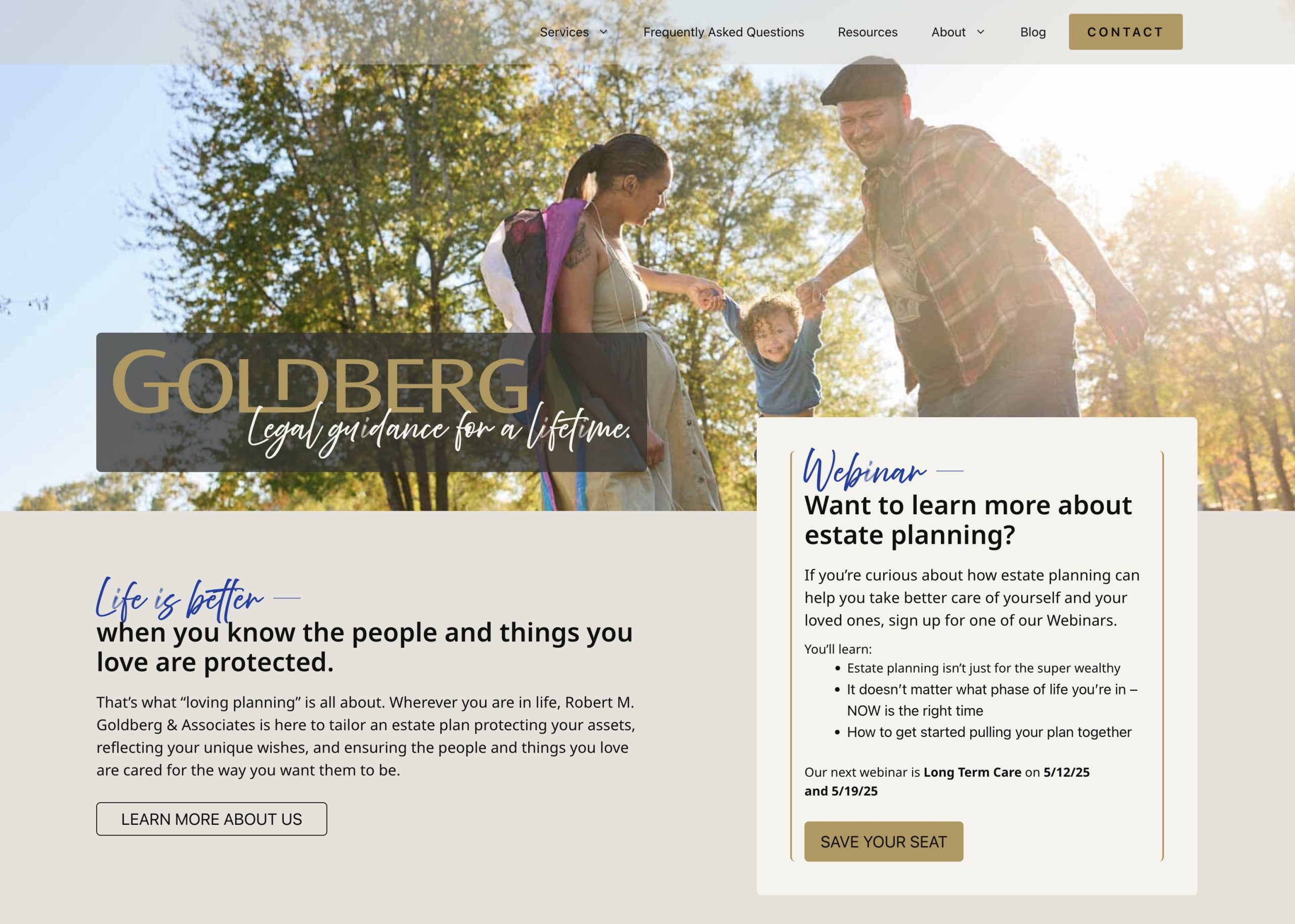 Goldberg website home page sample. Shows family swinging their 2 year old outside in a park